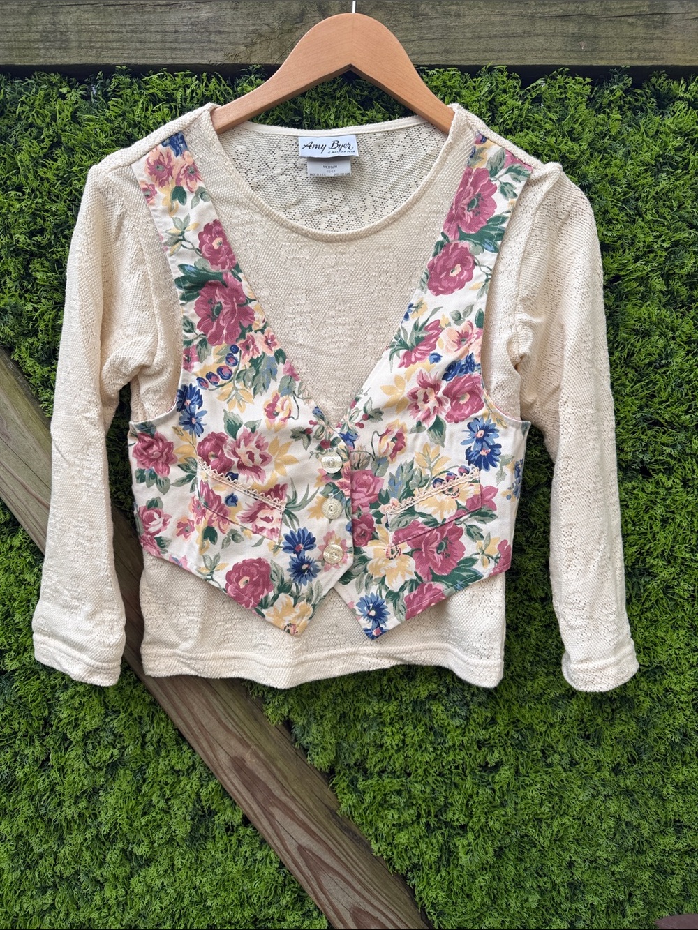 90’s Amy Byer Cream Long-Sleeve Top with Floral Vest Accent